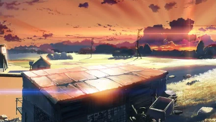 A stunning HD wallpaper depicting a serene landscape from *The Place Promised In Our Early Days*, featuring a glowing sunset over a rustic building and tranquil fields.