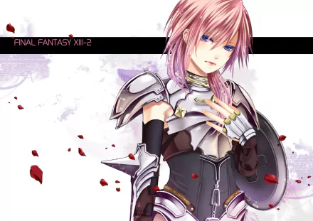 Claire Farron from Final Fantasy XIII-2 in battle armor with shield, pink hair and blue eyes against a pale backdrop with drifting petals — HD PC desktop wallpaper/background.