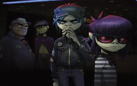 HD desktop wallpaper featuring animated band Gorillaz, with members 2D, Murdoc, Noodle, and Russel standing moodily in a dimly lit setting.