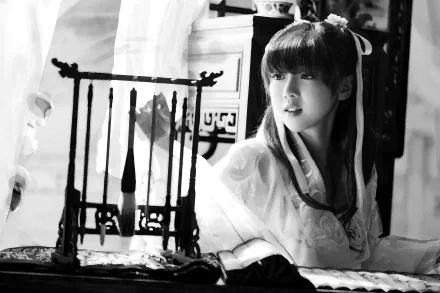 Black and white vintage oriental portrait of an Asian woman in traditional attire, styled as a 4K Ultra HD monochrome PC desktop wallpaper background.