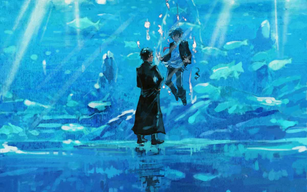 Underwater scene featuring twins Yukio and Rin Okumura from the anime Blue Exorcist, surrounded by fish and vibrant blue hues, serving as a stunning HD desktop wallpaper.
