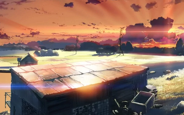 A stunning HD wallpaper depicting a serene landscape from *The Place Promised In Our Early Days*, featuring a glowing sunset over a rustic building and tranquil fields.