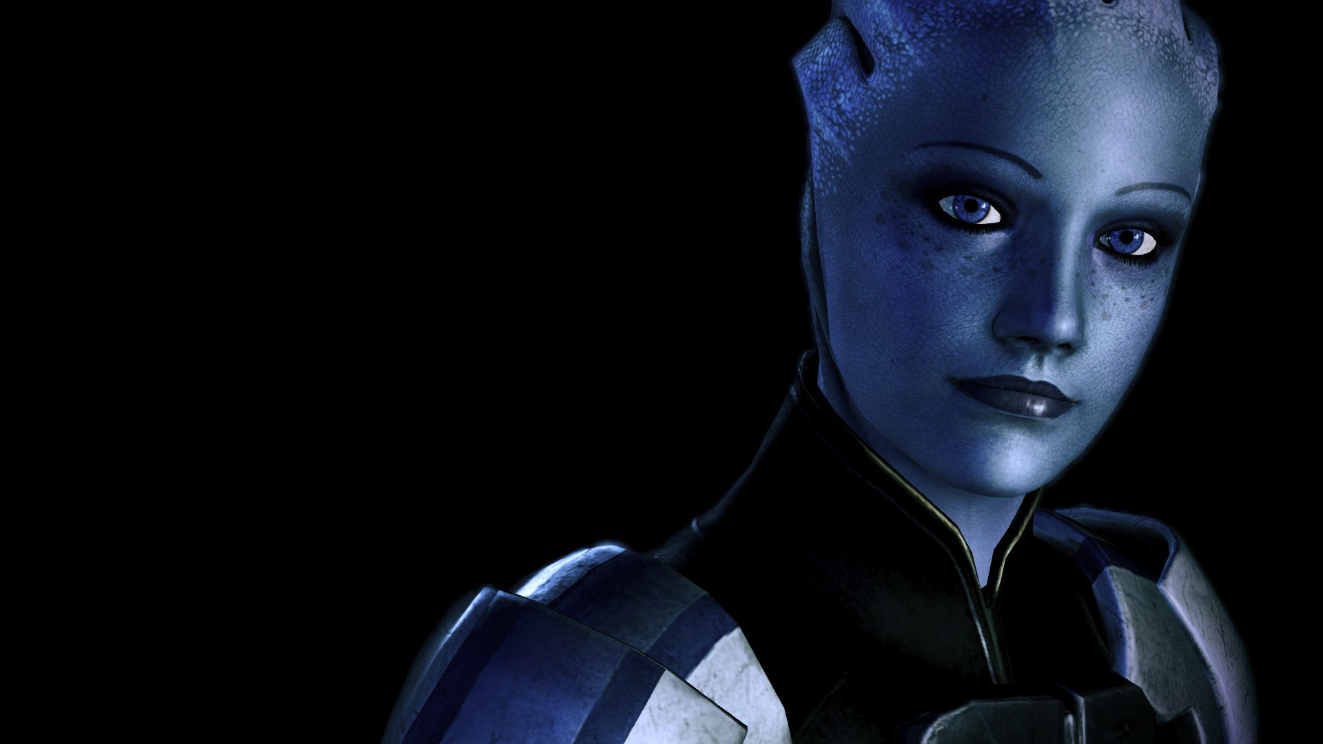 HD PC desktop wallpaper featuring a close-up of an Asari character from the Mass Effect video game series against a black background.