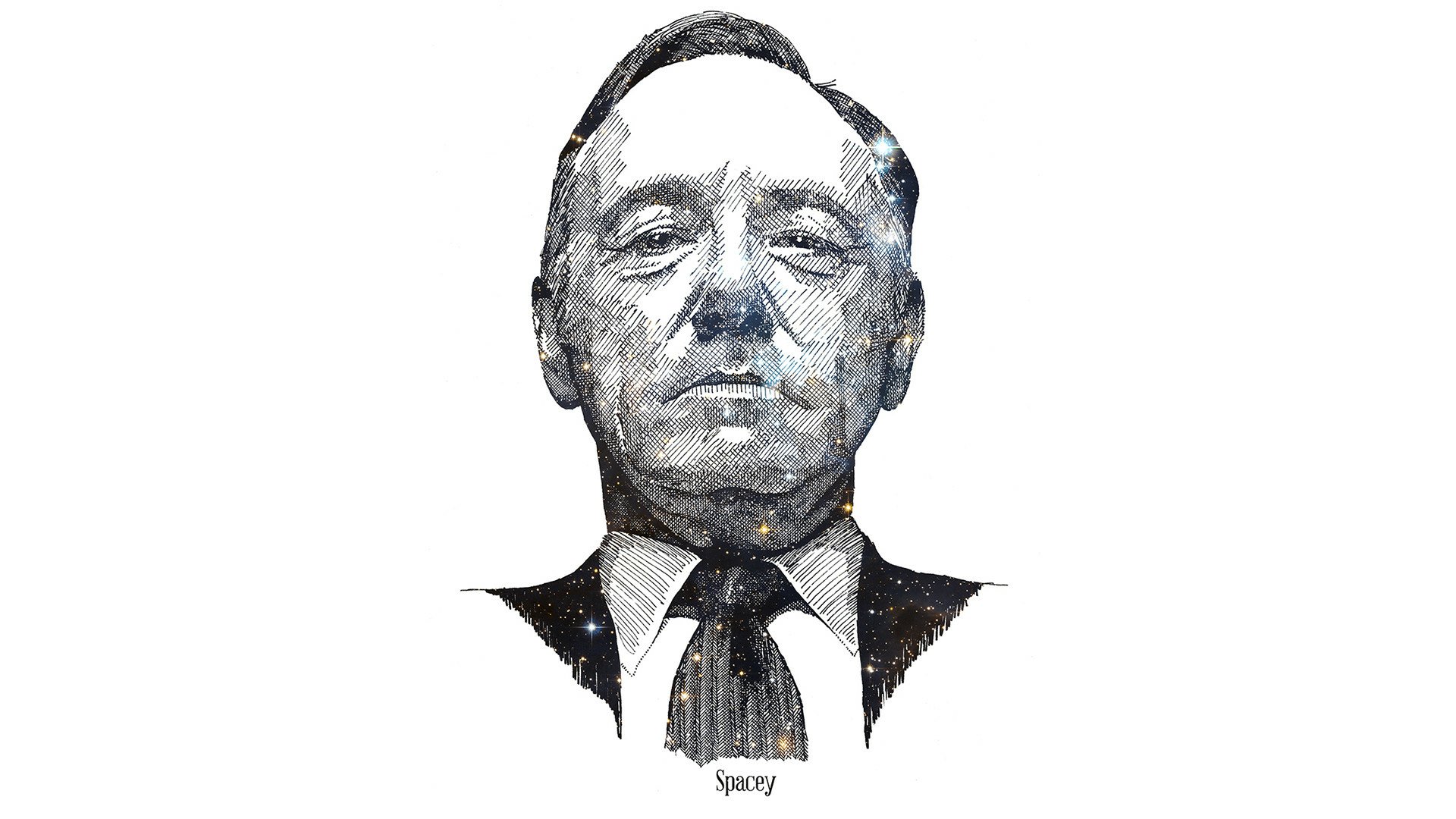 HD PC desktop wallpaper featuring an artistic black and white portrait of celebrity Kevin Spacey against a white background.