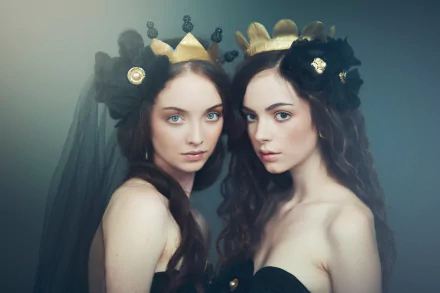 Portrait of two artistic models with crowns and black floral headpieces, captured in 4K Ultra HD, featuring Klara Koy with expressive faces and flowing hair in a Paris-inspired setting.