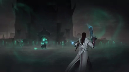 HD desktop wallpaper featuring Thresh and Lucian from League of Legends, set in the Shadow Isles realm. Lucian stands ready as Thresh ominously approaches amidst a ghostly backdrop.