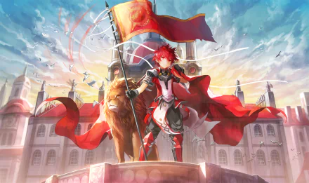 A courageous knight in armor stands beside a proud lion, holding a flag with a lion emblem. The background features a grand city from the video game Elsword, bathed in the light of a bright, blue sky.