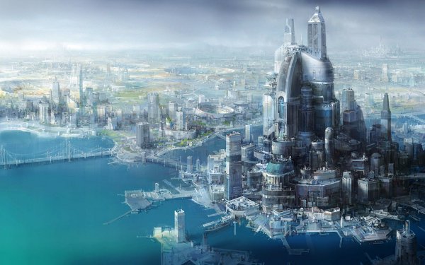 Ciencia ficción Ciudad Futurista Océano Agua Dock Edificio Rascacielos Azul Metropolis La Guerra de las Galaxias Cityscape Fantasía Futuristic City Fondo de pantalla HD | Fondo de Escritorio