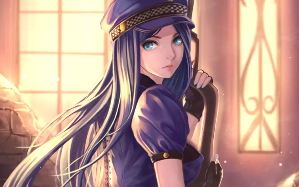 Caitlyn from League of Legends stands confidently with long hair and a gun, set against a serene background, creating a striking HD desktop wallpaper.