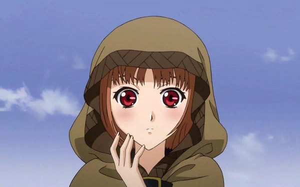 Holo from *Spice and Wolf* gazes contemplatively in her signature hooded cloak, set against a serene sky backdrop. A vivid HD wallpaper capturing the essence of the beloved anime.