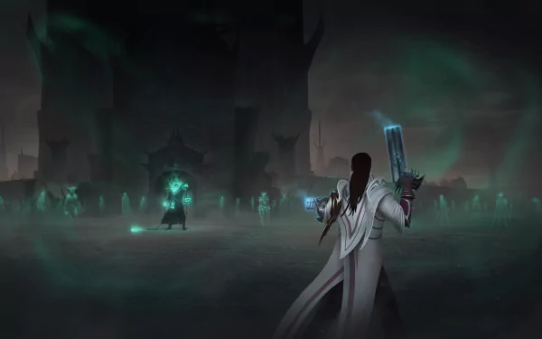 HD desktop wallpaper featuring Thresh and Lucian from League of Legends, set in the Shadow Isles realm. Lucian stands ready as Thresh ominously approaches amidst a ghostly backdrop.
