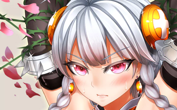 A fierce anime character with silver hair and striking pink eyes, surrounded by thorns and petals, featured as a high-definition wallpaper for Puzzle & Dragons.
