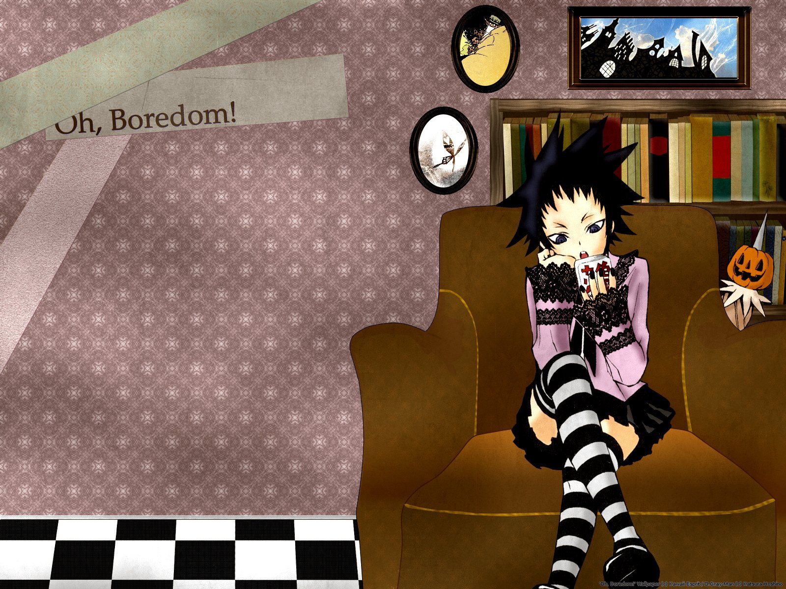 HD PC desktop wallpaper featuring Road Kamelot from D.Gray-man in a Halloween anime theme, sitting on a couch with a pumpkin and framed artwork in the background.