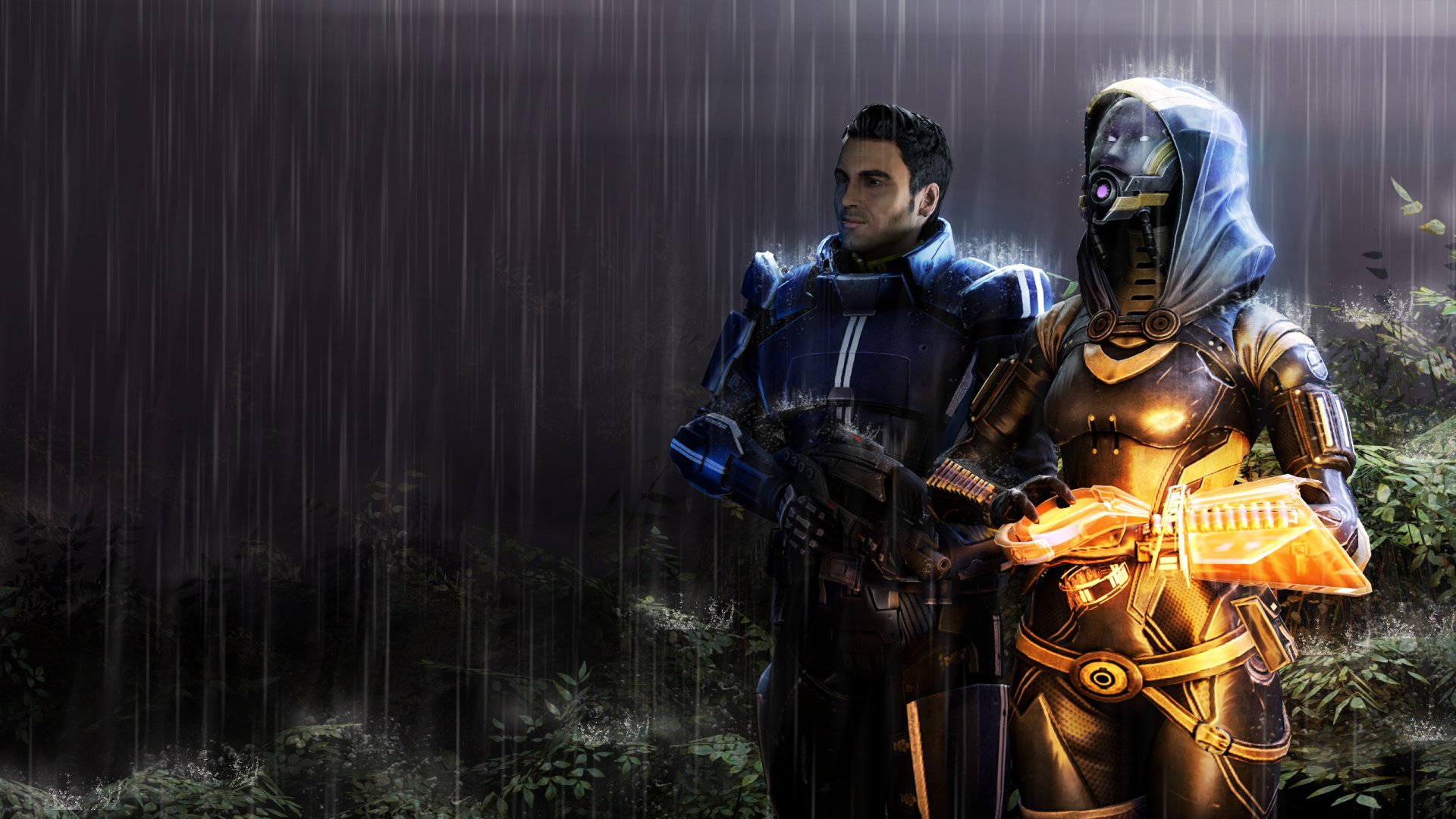 HD PC desktop wallpaper featuring Kaidan Alenko and Tali'Zorah from the Mass Effect video game series standing together in a rainy, dark environment.
