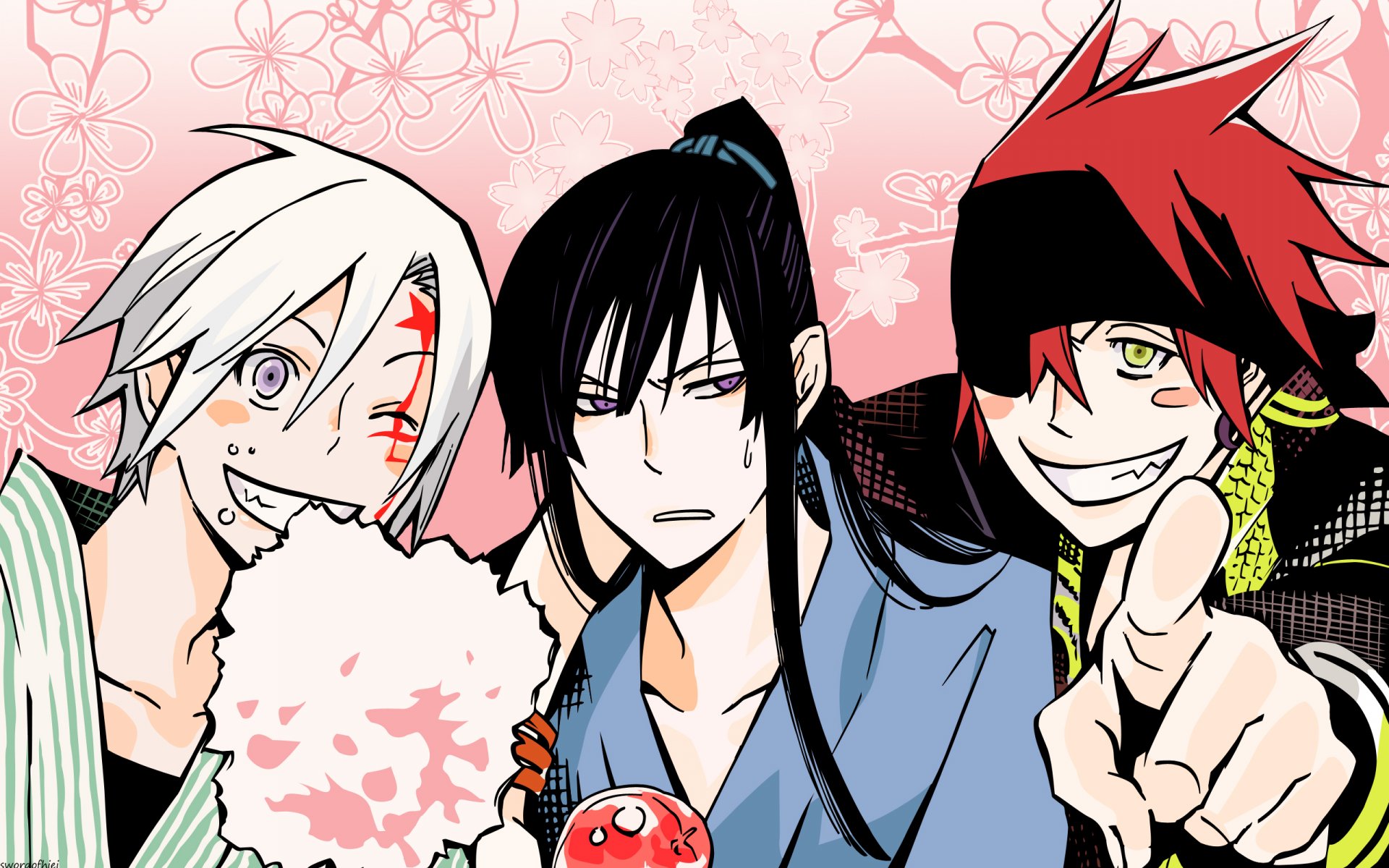 A vibrant HD wallpaper featuring characters Yu Kanda, Lavi, and Allen Walker from the anime D.Gray-man, set against a soft pink floral background.