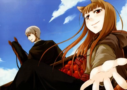 Anime wallpaper featuring Kraft Lawrence and Holo from Spice and Wolf, showcasing them against a bright blue sky background.