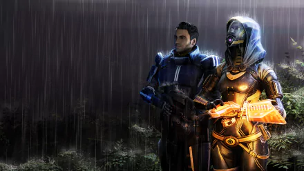HD PC desktop wallpaper featuring Kaidan Alenko and Tali'Zorah from the Mass Effect video game series standing together in a rainy, dark environment.