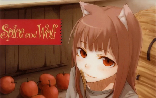 HD desktop wallpaper featuring Holo from the anime Spice and Wolf, with her distinctive wolf ears, surrounded by apples, and the title Spice and Wolf displayed on the left.