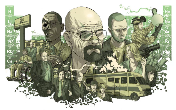 HD desktop wallpaper featuring Breaking Bad characters Mike Ehrmantraut, Gustavo Fring, Saul Goodman, Hank Schrader, Skyler White, Aaron Paul, and Walter White with thematic elements in a collage style.