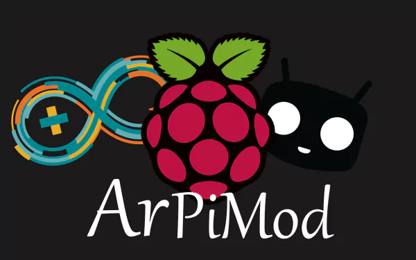 HD PC desktop wallpaper showcasing Raspberry Pi logo with stylized Arduino and Android/Cyanogen icons and ArPiMod branding on a dark technology-themed background.