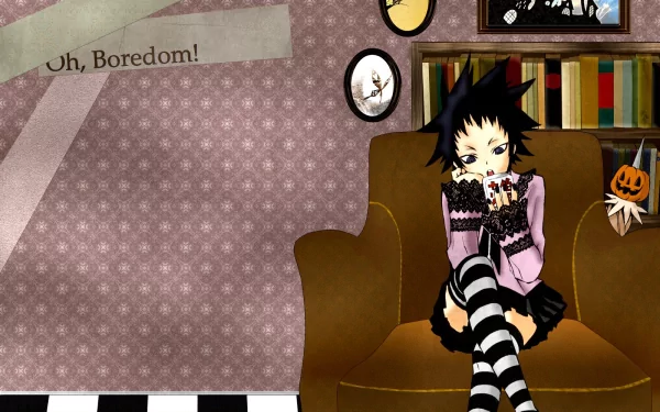 HD PC desktop wallpaper featuring Road Kamelot from D.Gray-man in a Halloween anime theme, sitting on a couch with a pumpkin and framed artwork in the background.
