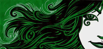 HD PC desktop wallpaper of Death (DC Comics) from The Sandman: a pale partial face with flowing black-and-green hair rendered in ornate, swirling comic-style patterns.