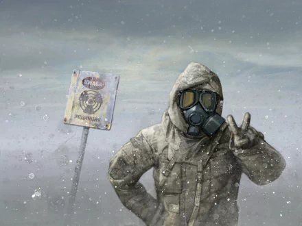 HD desktop wallpaper from S.T.A.L.K.E.R.: Shadow of Chernobyl depicting a character in a gas mask and hood, making a peace sign, with a snowy background and a sign.