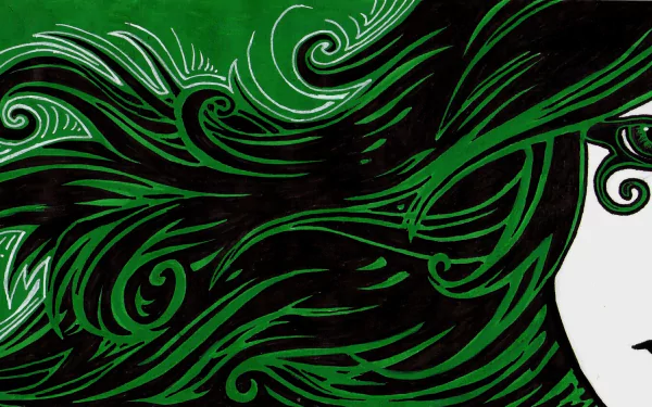 HD PC desktop wallpaper of Death (DC Comics) from The Sandman: a pale partial face with flowing black-and-green hair rendered in ornate, swirling comic-style patterns.