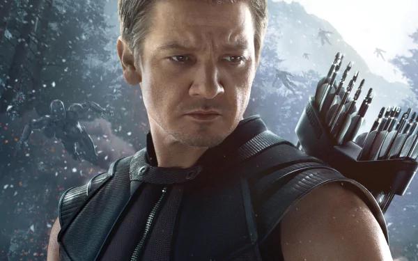A striking HD wallpaper of Hawkeye, portrayed by Jeremy Renner, showcasing his intense focus against a dramatic backdrop from Avengers: Age of Ultron.