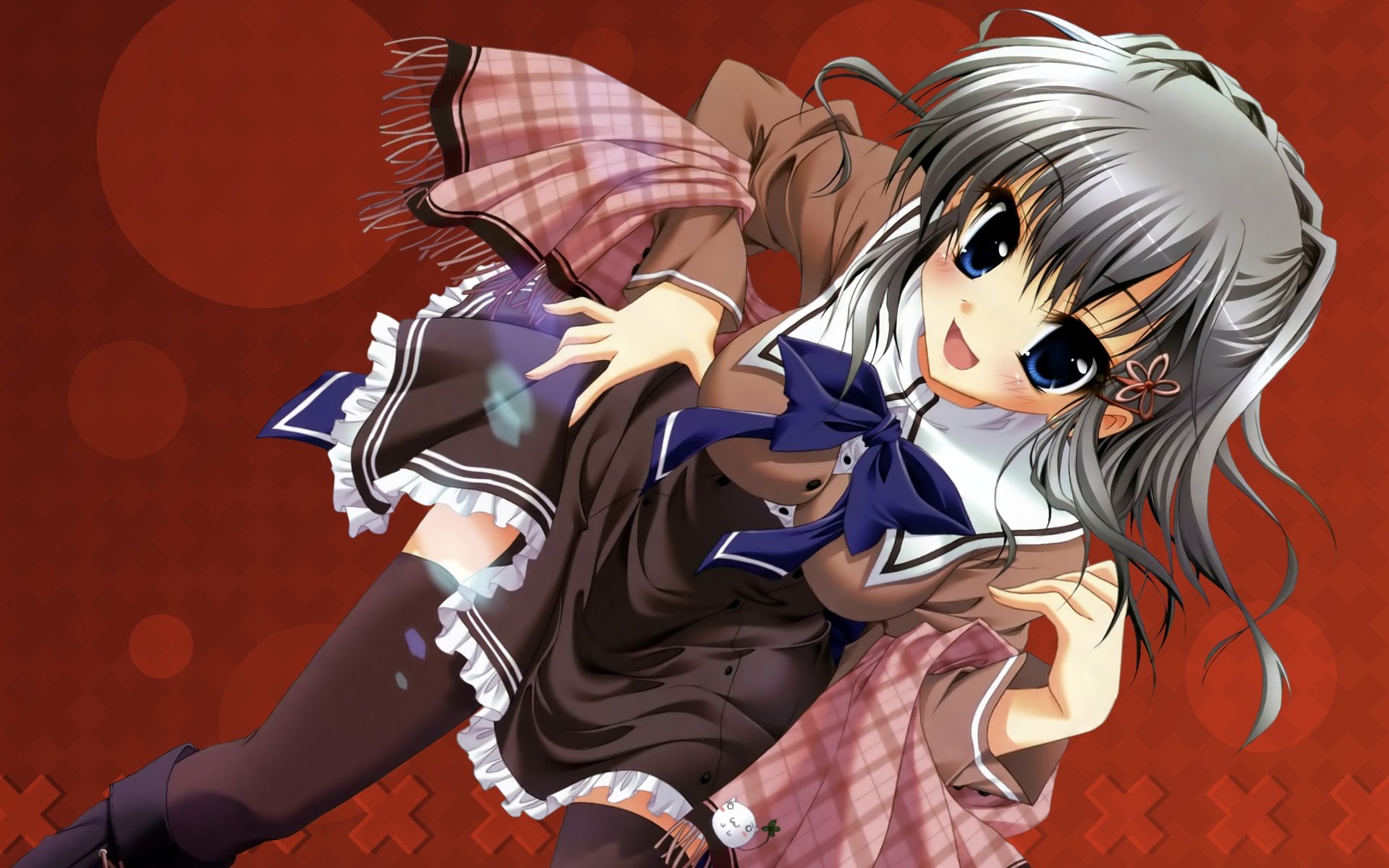 Anime-style HD desktop wallpaper featuring a woman with silver hair, large blue eyes, and a detailed outfit against a red patterned background.