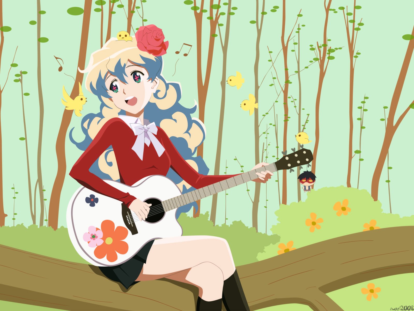 A vibrant HD anime wallpaper featuring a joyful character playing guitar among trees and flowers, capturing the whimsical essence of Tengen Toppa Gurren Lagann.