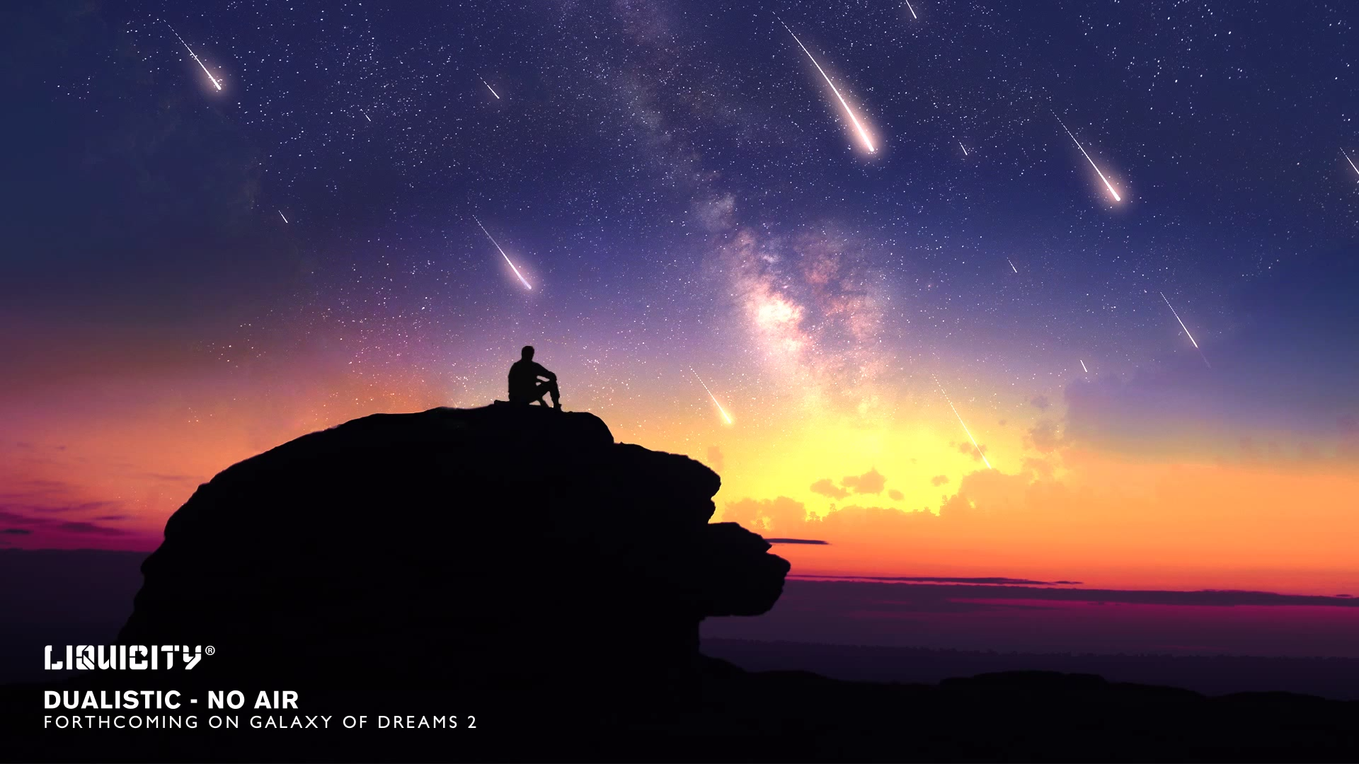 HD PC desktop wallpaper: silhouette on a cliff watching meteors and the Milky Way at sunset — Liquicity music artwork/background.