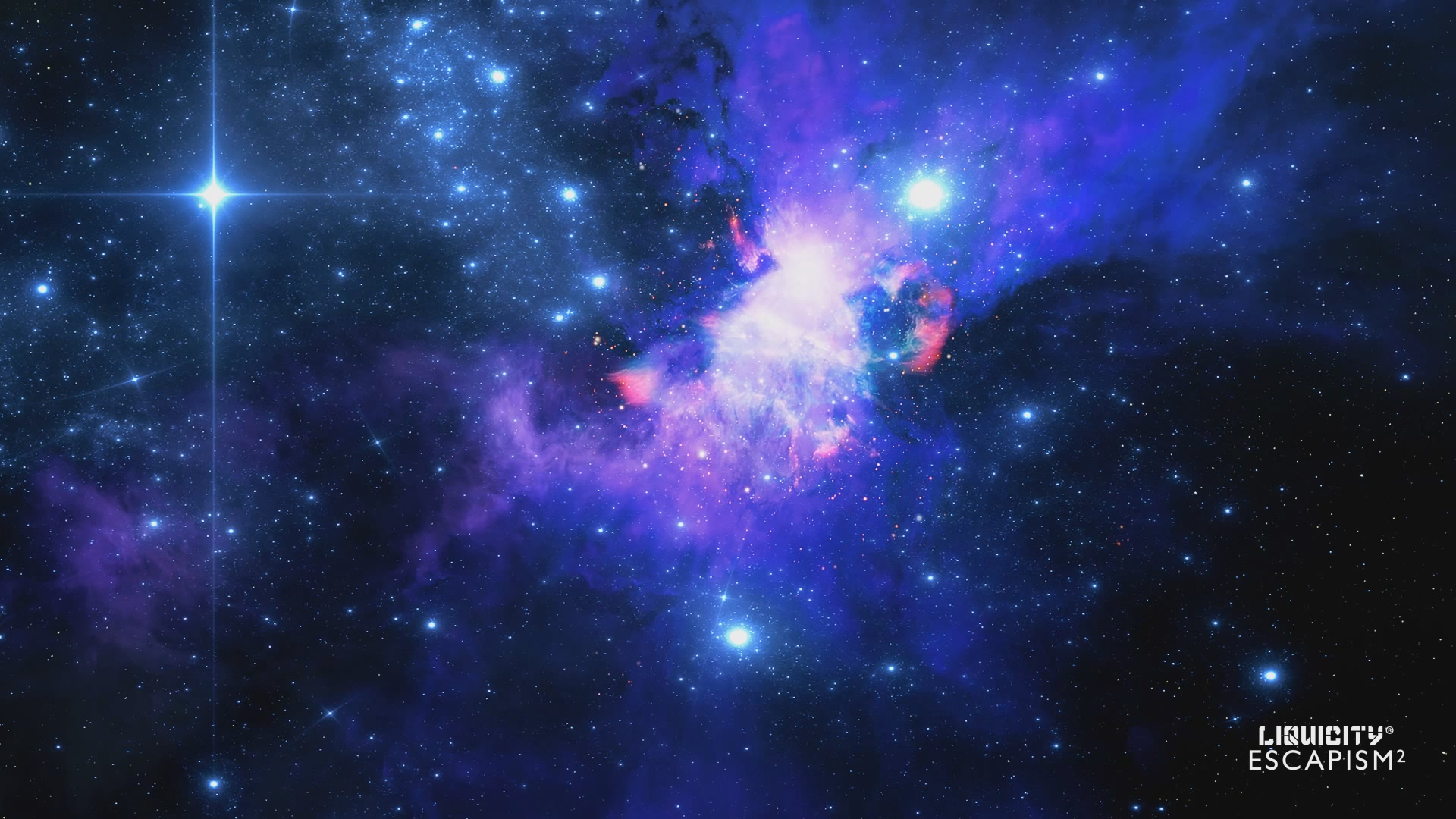 HD PC desktop wallpaper and background: vibrant purple-blue nebula and stars with a small Liquicity logo, a music-themed cosmic scene.