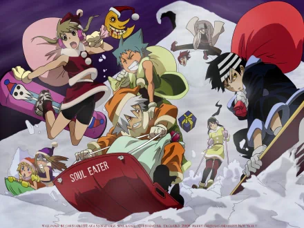 HD desktop wallpaper featuring characters from the anime Soul Eater, engaged in a fun winter activity, sledding down a snowy hill. The image combines an action-packed scene with vibrant colors.