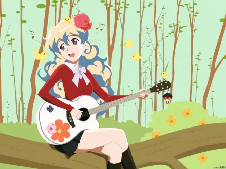 A vibrant HD anime wallpaper featuring a joyful character playing guitar among trees and flowers, capturing the whimsical essence of Tengen Toppa Gurren Lagann.