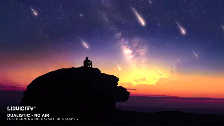 HD PC desktop wallpaper: silhouette on a cliff watching meteors and the Milky Way at sunset — Liquicity music artwork/background.