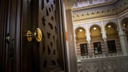HD PC desktop wallpaper featuring a detailed man-made door with an ornate golden handle, opening to reveal the architectural beauty of Vijecnica's interior.