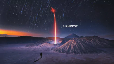 HD PC desktop wallpaper featuring a surreal night landscape with a glowing red beam from a crater, starry sky, and the word Liquicity representing music.