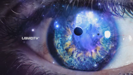 HD PC desktop wallpaper showing a close-up eye with a cosmic nebula iris and orbiting planets; Liquicity logo and music-themed background.