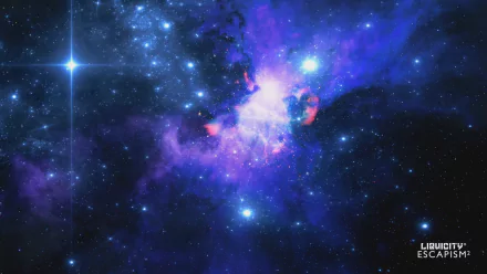 HD PC desktop wallpaper and background: vibrant purple-blue nebula and stars with a small Liquicity logo, a music-themed cosmic scene.