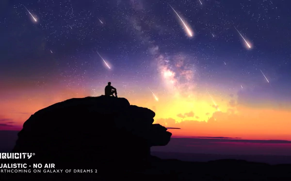HD PC desktop wallpaper: silhouette on a cliff watching meteors and the Milky Way at sunset — Liquicity music artwork/background.