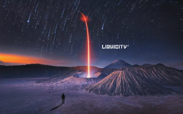 HD PC desktop wallpaper featuring a surreal night landscape with a glowing red beam from a crater, starry sky, and the word Liquicity representing music.