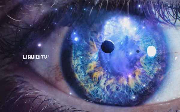 HD PC desktop wallpaper showing a close-up eye with a cosmic nebula iris and orbiting planets; Liquicity logo and music-themed background.