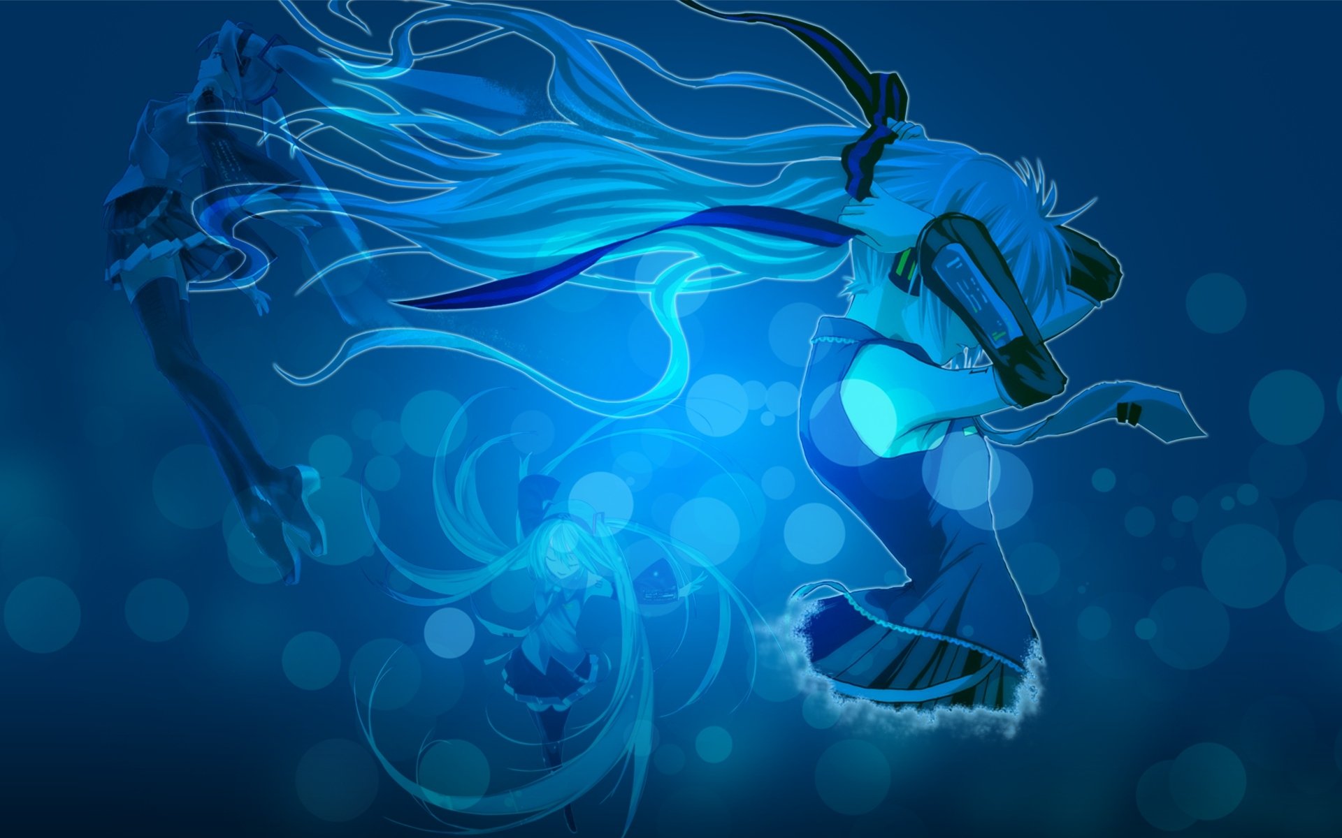 A vibrant HD wallpaper featuring Hatsune Miku, the iconic Vocaloid character, set against a blue background with dynamic swirls and ethereal light effects.