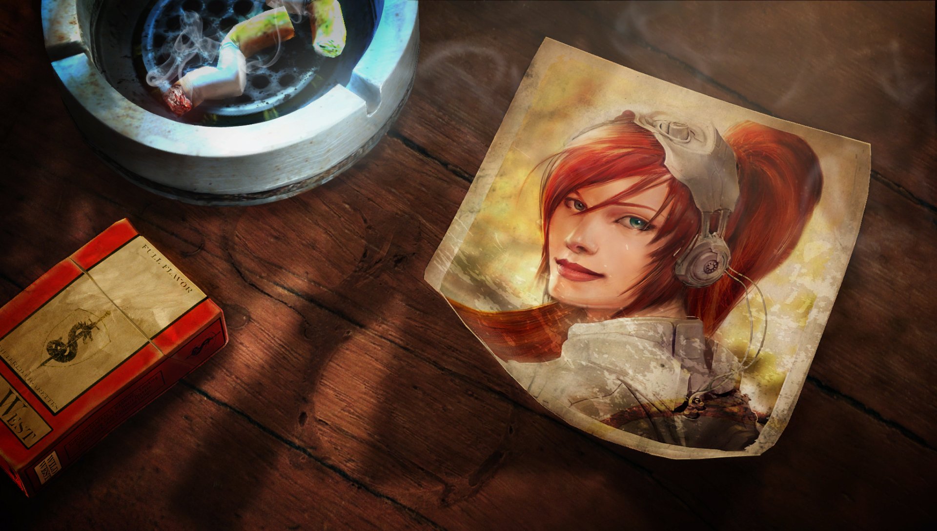 HD PC desktop wallpaper featuring Sarah Kerrigan from the video game Starcraft II, showcasing her detailed portrait on a rustic wooden surface.