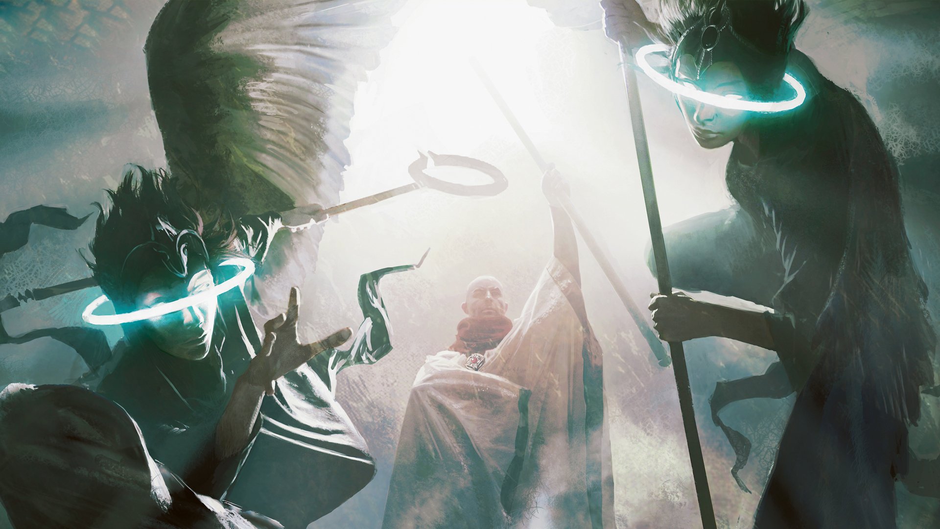 HD desktop wallpaper featuring a dramatic Magic: The Gathering scene with glowing, mystical figures and intense light contrasting dark backgrounds.