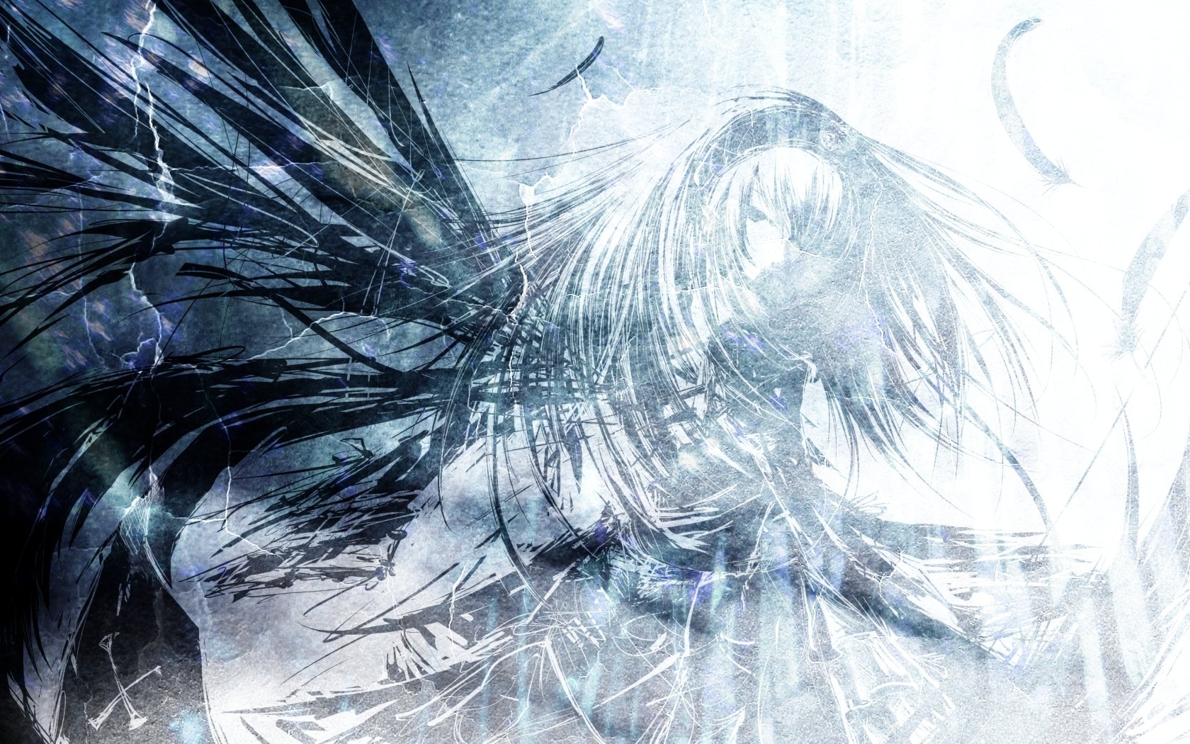 Ethereal Rozen Maiden anime figure with long flowing hair and dark feathered wings in icy blue tones, rendered as an HD PC desktop wallpaper.