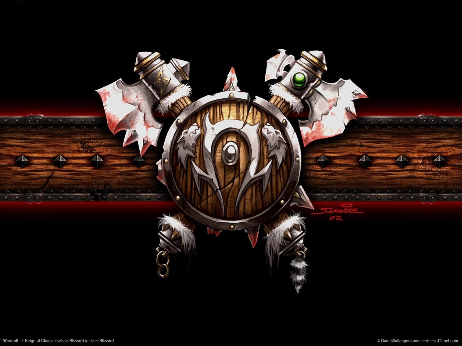 HD PC desktop wallpaper featuring a World of Warcraft emblem with a wooden shield and crossed axes against a dark background.