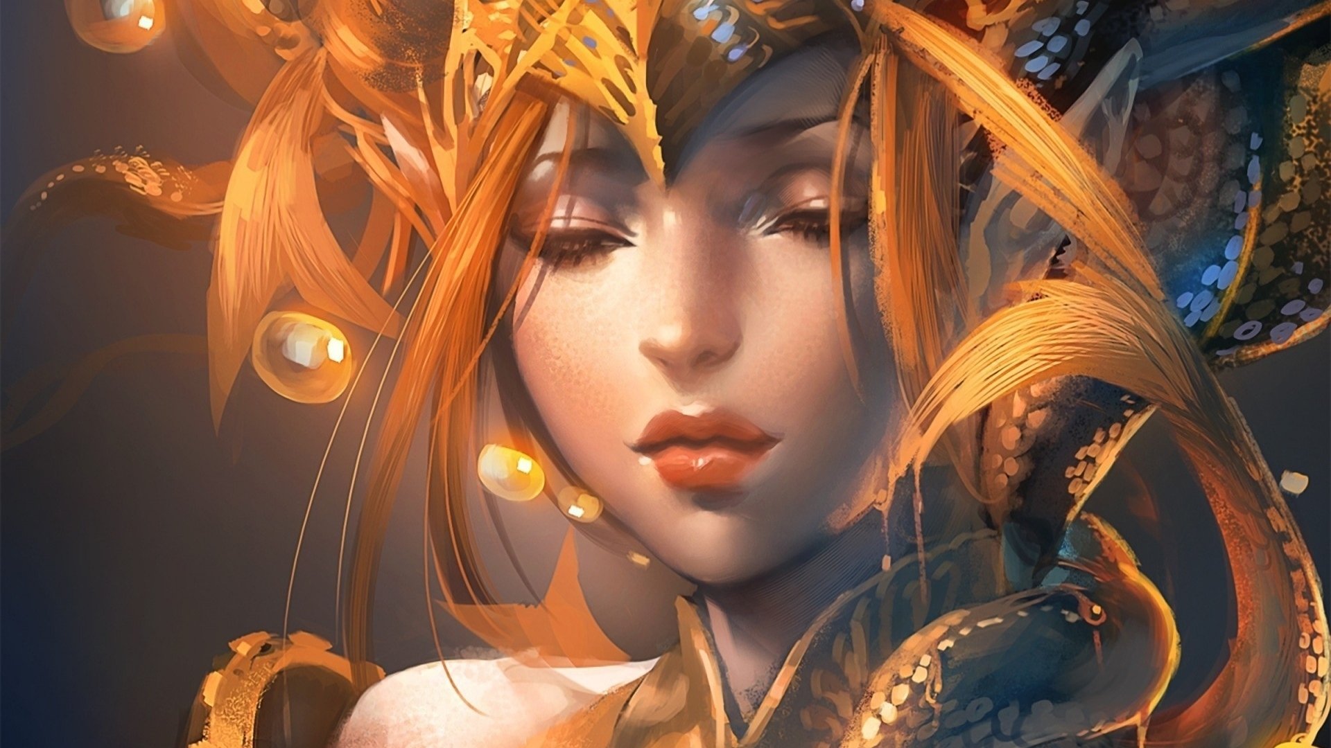 HD desktop wallpaper featuring a fantasy-themed portrait of a woman with ornate golden armor and glowing accents, set against a soft, illuminated background.