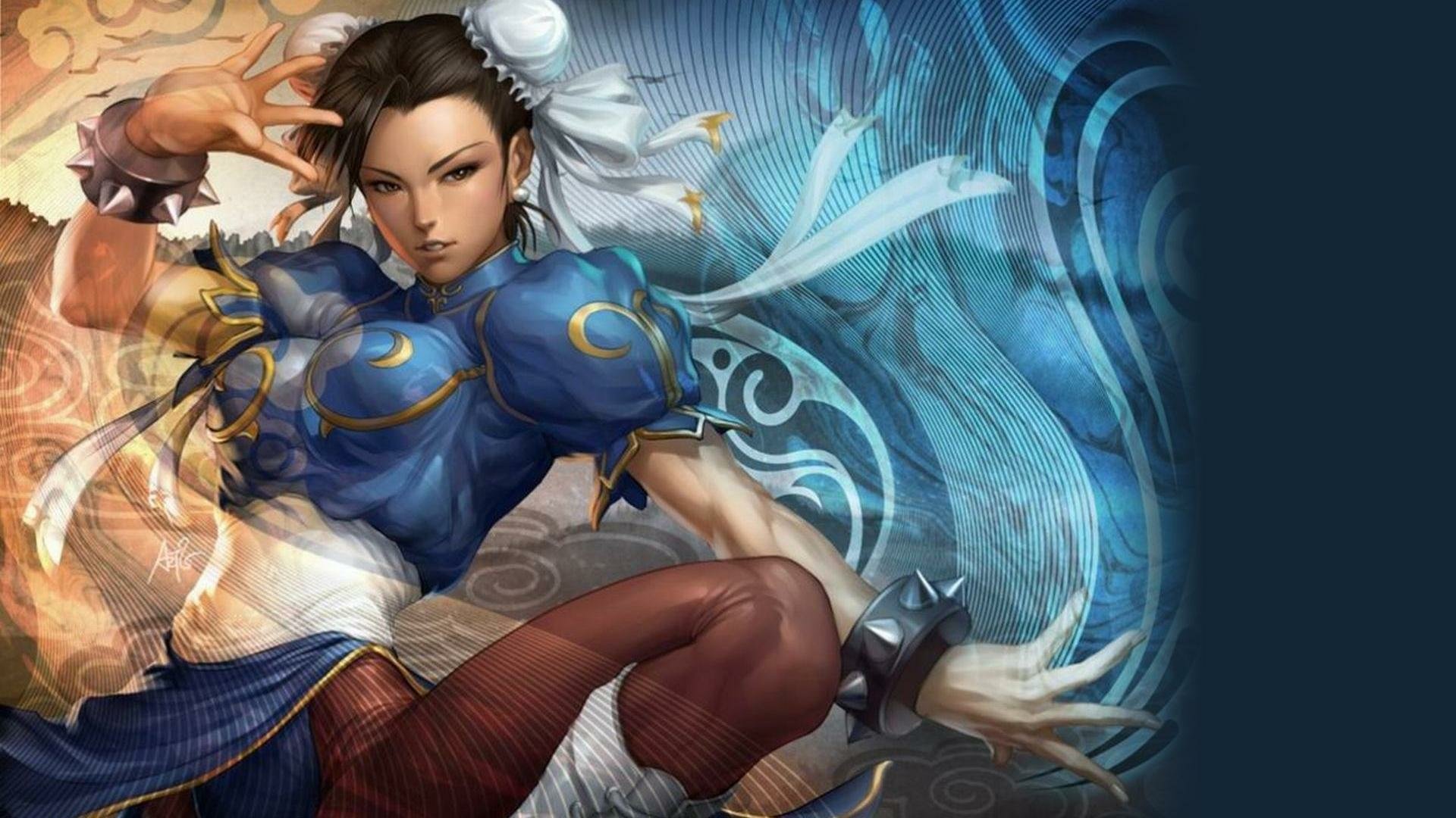 HD PC desktop wallpaper featuring Chun-Li from the Street Fighter video game series in a dynamic pose with vibrant blue and gold accents.